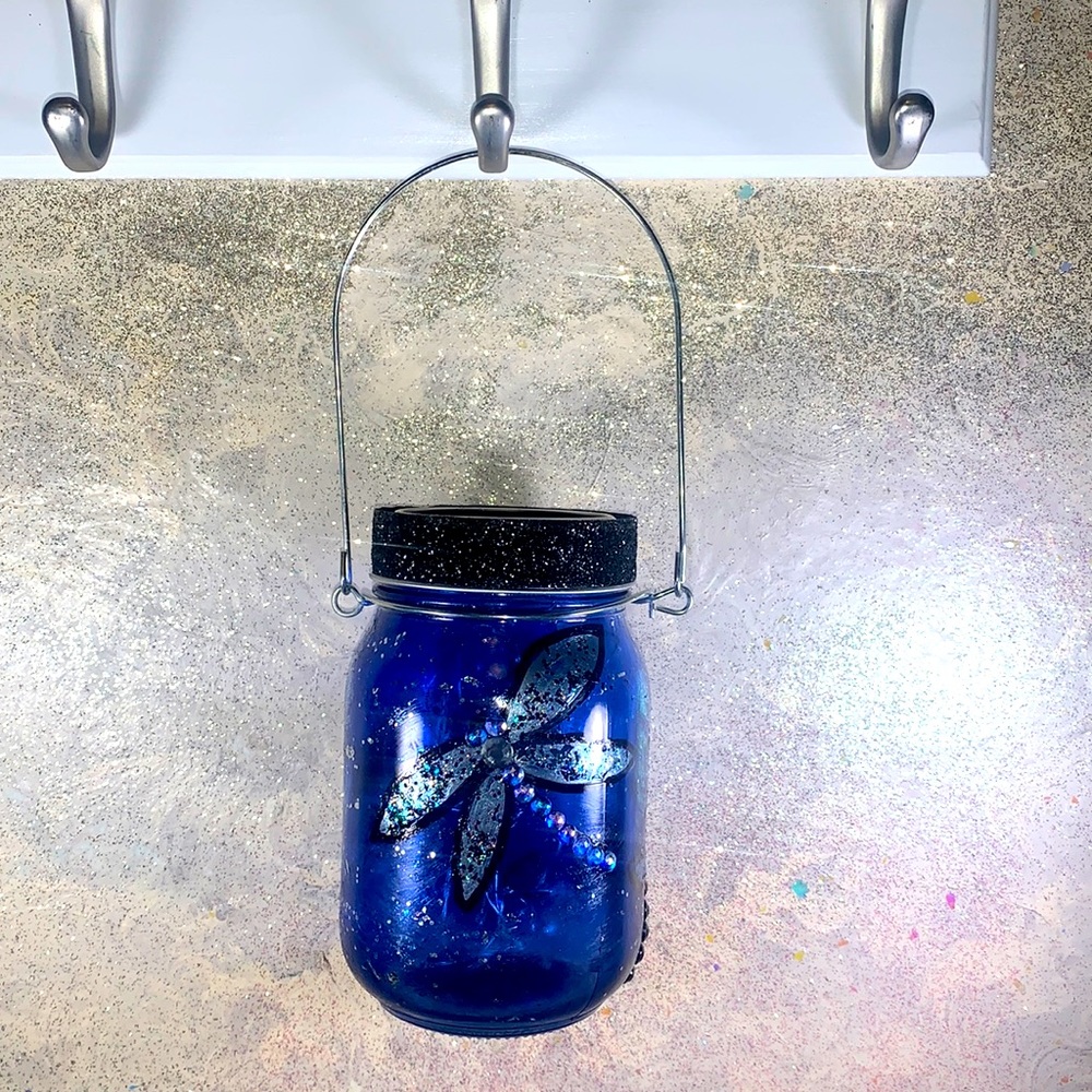Midnight Blue Dragonfly Sparkly Solar Lantern Hand-Painted by Love Marcy Arts